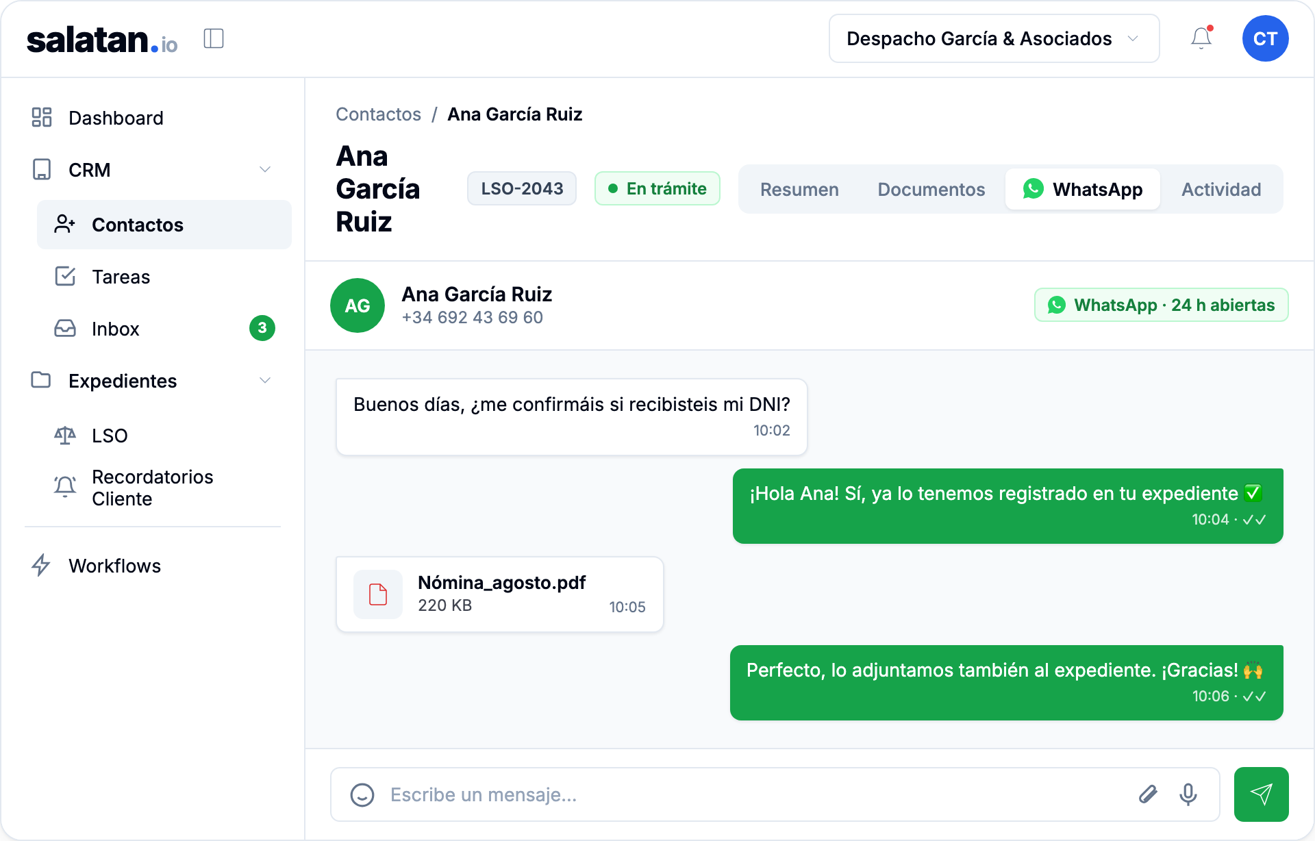 Chat de WhatsApp integrado en la ficha del cliente en Salatan