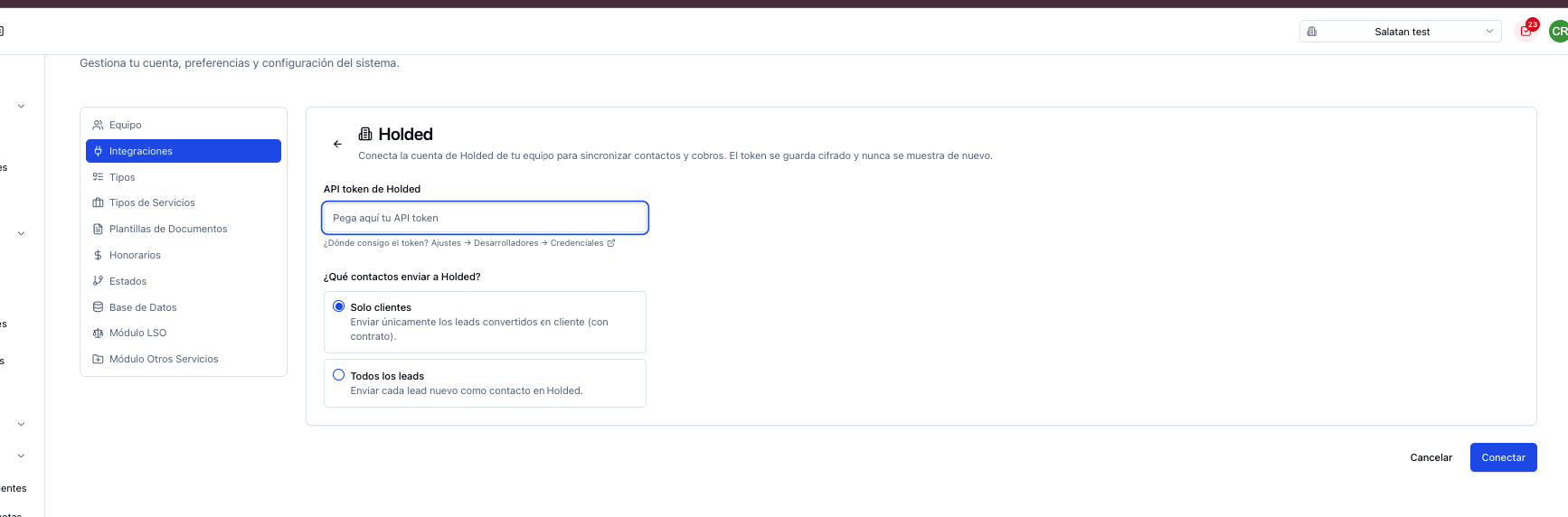 Configuración de la integración de Holded en Salatan: campo para pegar el API token y opción de enviar solo clientes o todos los leads